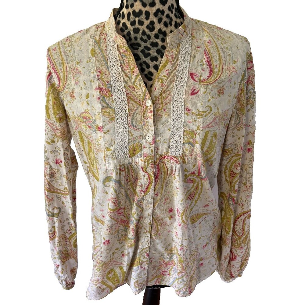 Crochet V-Neck Peasant Top Cream Paisley Soft Cotton Boho Cottagecore Size Med